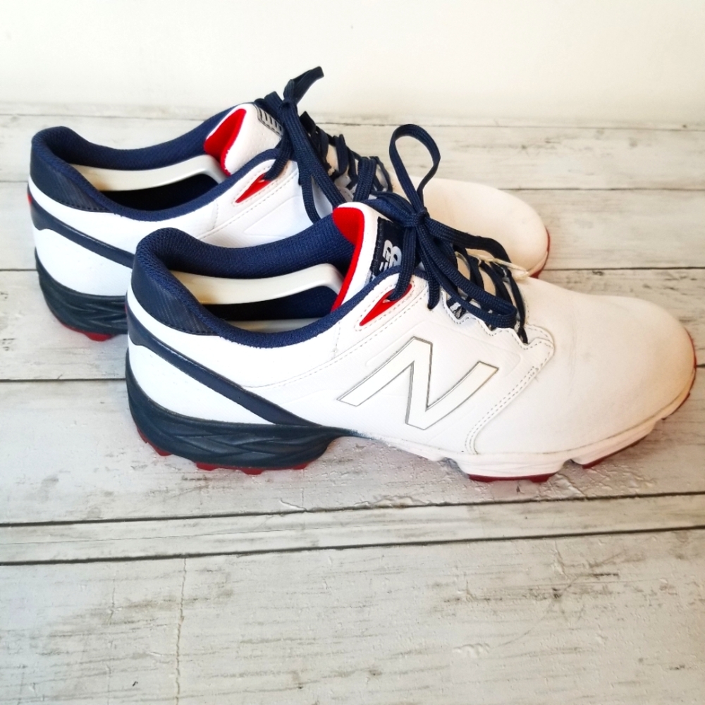 New Balance Golf Striker V3 Soft White/Blue/Red Spike Golf Shoes